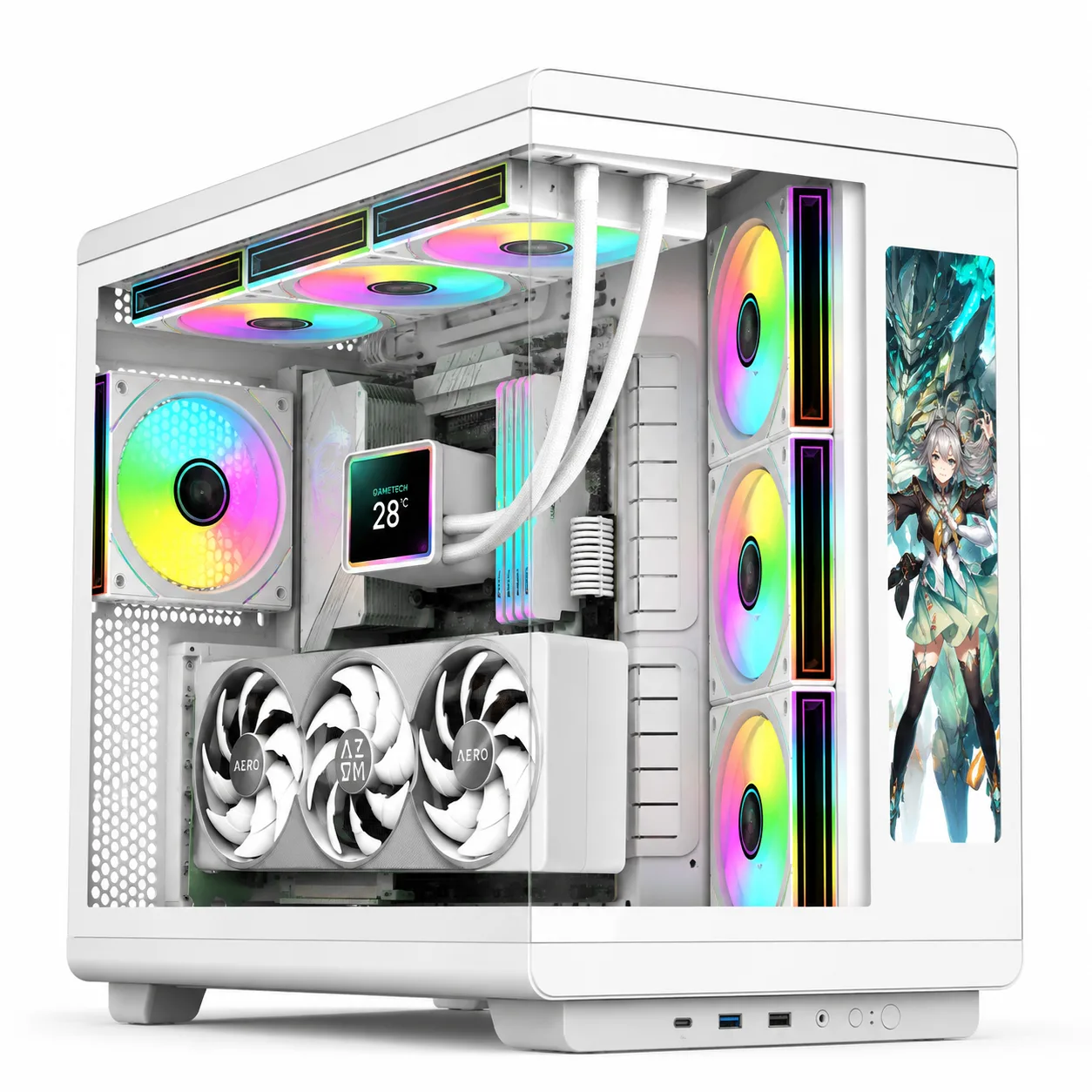 GAMETECH Vision 12 İnç LCD Ekranlı, Kumandalı 7x120mm ARGB Fanlı Beyaz Gaming Akvaryum Kasa