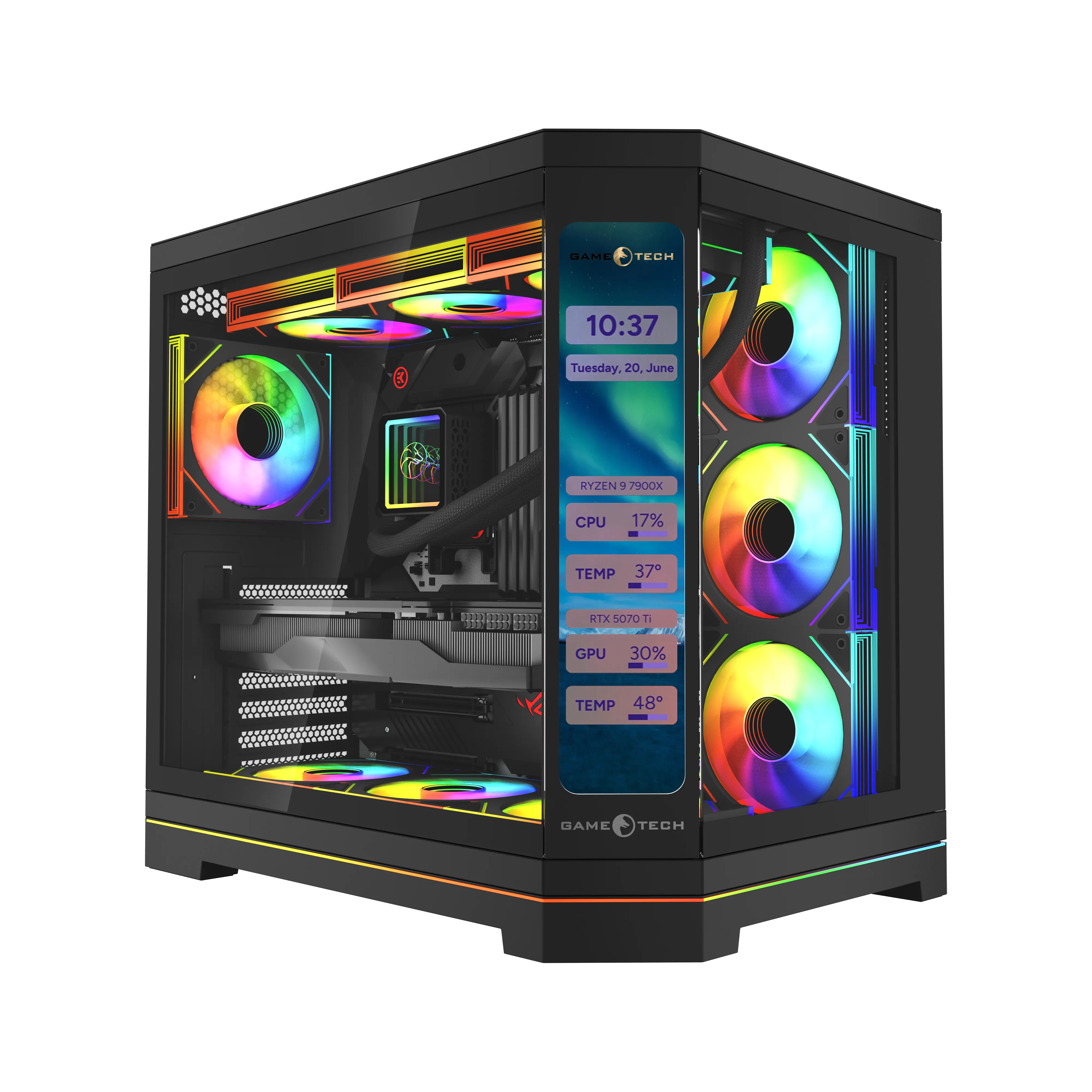 GAMETECH Vision V2 12 İnç LCD Ekranlı, Type-C  Kumandalı 7x120mm ARGB Fanlı Siyah Gaming Akvaryum Kasa