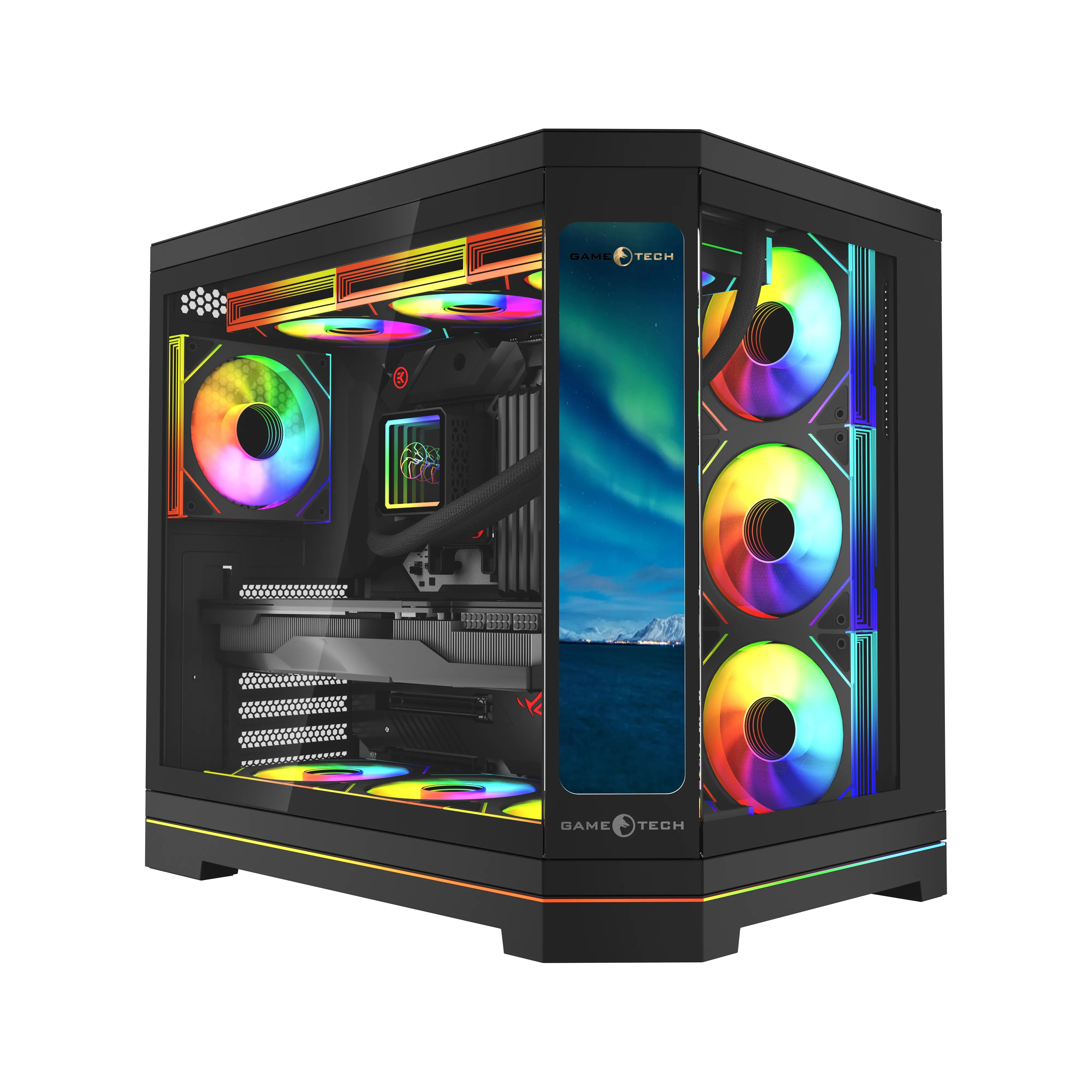 GAMETECH Vision V2 12 İnç LCD Ekranlı, Type-C  Kumandalı 7x120mm ARGB Fanlı Siyah Gaming Akvaryum Kasa
